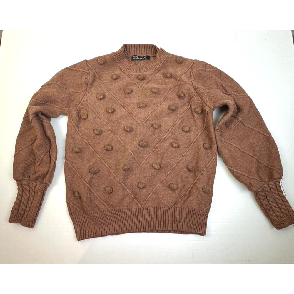Simplee Sweater Women Small Brown Ball Embellishment Lantern Sleeves Work School